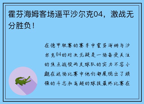 霍芬海姆客场逼平沙尔克04，激战无分胜负！
